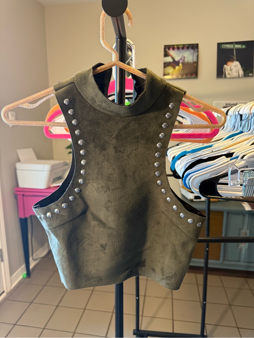 Missguided Olive Green Suede Studded Mock Neck Crop Top